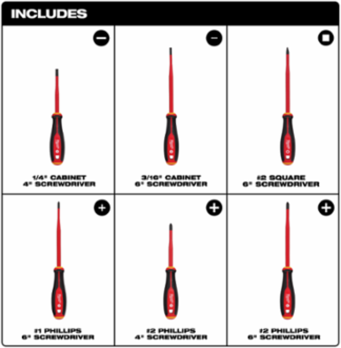 6pc 1000V Insulated Slim Tip Screwdriver Set, Includes 1/4" x 4" & #2 PH x 4"