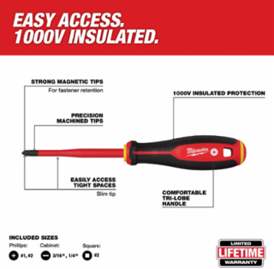 6pc 1000V Insulated Slim Tip Screwdriver Set, Includes 1/4" x 4" & #2 PH x 4"