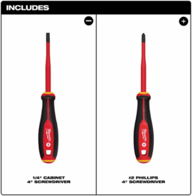 2pc 1000V Insulated Slim Tip Screwdriver Set, 4 Inch & 6 Inch Lengths, Rubber Handle