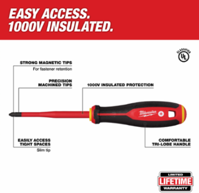 2pc 1000V Insulated Slim Tip Screwdriver Set, 4 Inch & 6 Inch Lengths, Rubber Handle