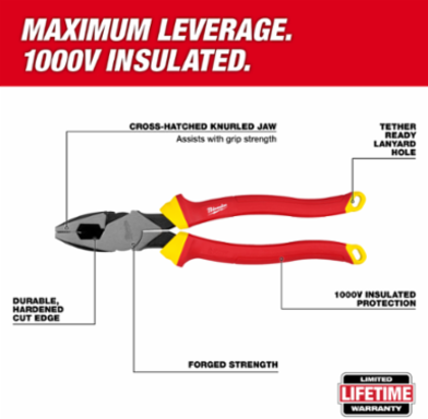 1000V Insulated 9 Inch Lineman's Pliers, 1.22 Pounds, Jaw Capacity 1.77 Inch
