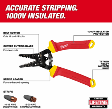 1000V Insulated Wire Stripper & Cutter, Stripping 10-20 AWG, Bolt Cutter
