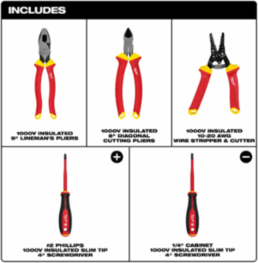5-Piece 1000V Insulated Hand Tool Set with 9" Lineman's & 8" Diagonal Pliers