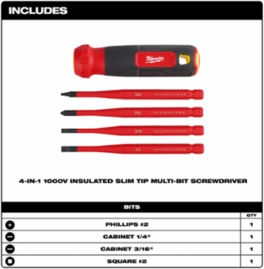 4-in-1 1000V Insulated Slim Tip Screwdriver, 12.68 Inch Length, 5 Inch Handle