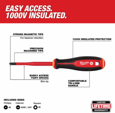 4pc 1000V Insulated Slim Tip Screwdriver Set, Includes 1/4" x 4" & #2 PH x 4"