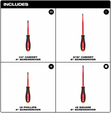 4pc 1000V Insulated Slim Tip Screwdriver Set, Includes 1/4" x 4" & #2 PH x 4"