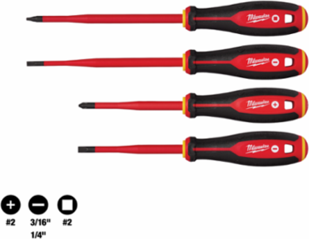 4pc 1000V Insulated Slim Tip Screwdriver Set, Includes 1/4" x 4" & #2 PH x 4"