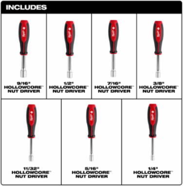7pc SAE HollowCore™ Nut Driver Set, Includes 1/4" to 9/16" Sizes, Forged Steel Shanks