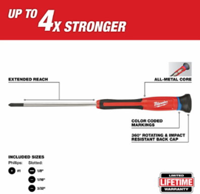 4-Piece Precision Screwdriver Set with Chrome Plated Steel Tips and 4" Length