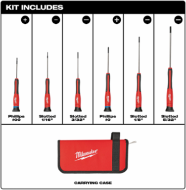 Precision Screwdriver Set with Chrome Plated Tips, 6 Pieces, Rubber Overmold Handles