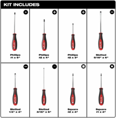8pc Screwdriver Set with Square Drive, Chrome Finish, Tri-lobe Handle