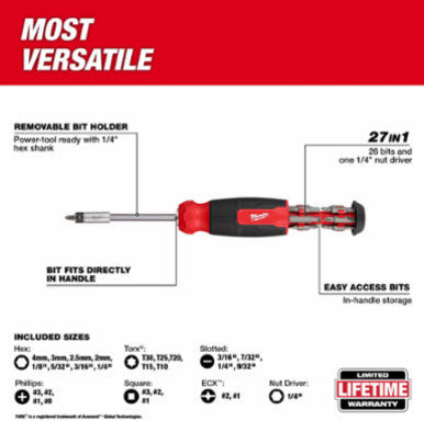 27-in-1 Multi-Bit Screwdriver with 1/4 Inch Hex Shank and 15 Bits