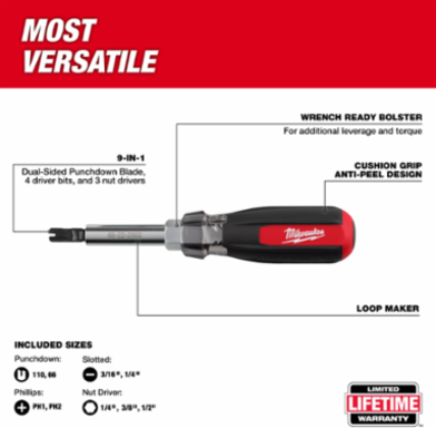 9-in-1 Punchdown Multi-Bit Screwdriver, 7.54 Inch Length, Cushion Grip Handle