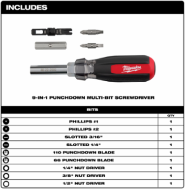 9-in-1 Punchdown Multi-Bit Screwdriver, 7.54 Inch Length, Cushion Grip Handle