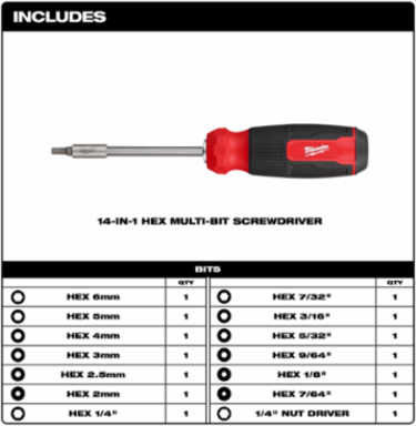 14-in-1 Hex Multi-Bit Screwdriver with 5.2 Inch Handle, 1/4 Inch Nut Driver