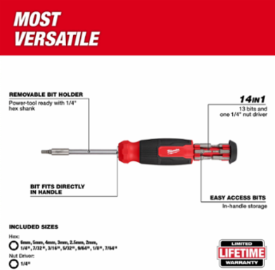14-in-1 Hex Multi-Bit Screwdriver with 5.2 Inch Handle, 1/4 Inch Nut Driver