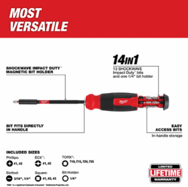 14-in-1 Multi-Bit Screwdriver with SHOCKWAVE Bits, Overmolded Handle, Magnetic Bit Holder