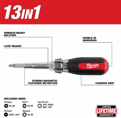 13-in-1 Magnetic Multi-Bit Screwdriver with Cushion Grip Handle, 8 Inch Length