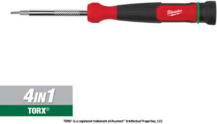 4-in-1 TORX® Security Multi-Bit Screwdriver, 4 Inch Handle, Knurled Shank, Chrome-Plated