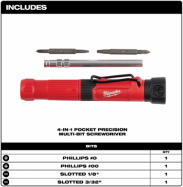 4-in-1 Pocket Precision Multi-Bit Screwdriver with 6.50 Inch Length, Rubber Handle