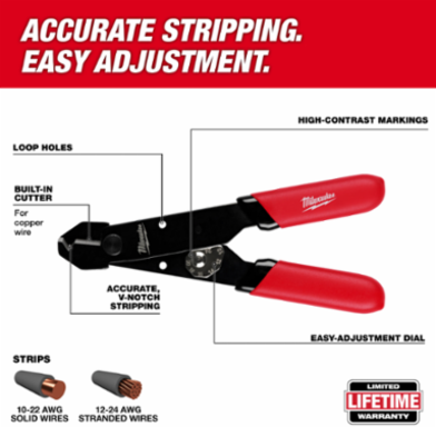 Compact Wire Stripper & Cutter, Strips 12-24 AWG, Built-In Cutter