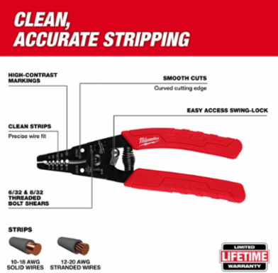 Wire Stripper & Cutter, Strips 10-18 AWG, 7.18 Inch Size, Ergonomic Grip