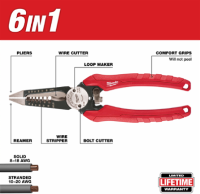 6-in-1 Combination Wire Pliers with Bolt Cutter, Wire Stripping & Reaming Design