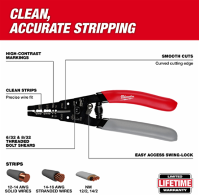 Dipped Grip Wire Stripper & Cutter 12-16 AWG, 0.25 Inch Size