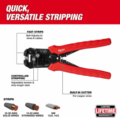 Self-Adjusting Wire Stripper & Cutter, Strips 10-20 AWG Solid, 12-22 AWG Stranded