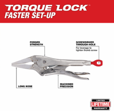 4 Inch Torque Lock Long Nose Locking Pliers, 1.5 Inch Jaw Capacity
