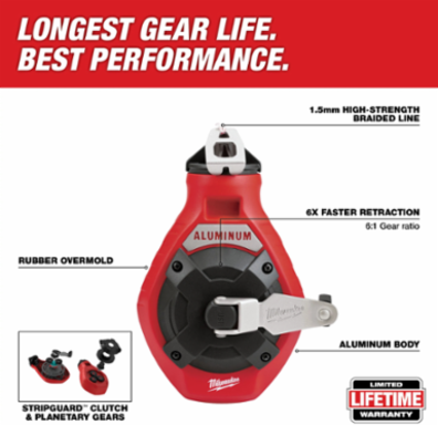 100 Ft Precision Line Chalk Reel, Aluminum Body, 6:1 Gear Ratio