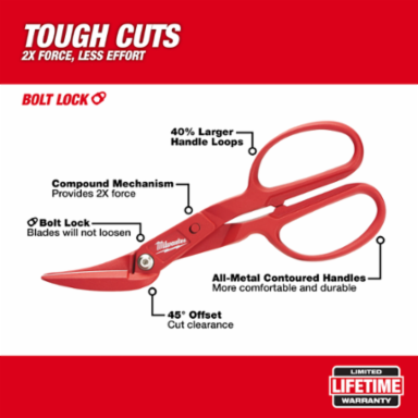 Offset Compound Tinner - Cuts Up to 18 Gauge Steel, 11.3 Inch Length, Forged Steel Blades