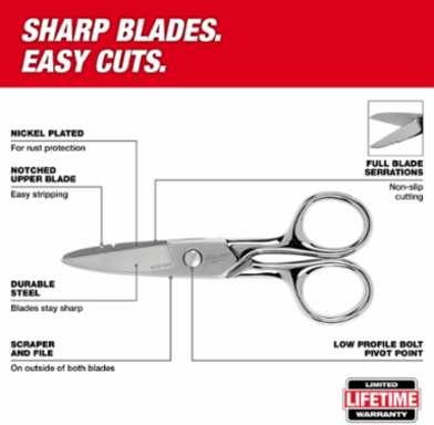 Electrician Scissors with Micro-Serrated Blades, 5.31 Inch Length