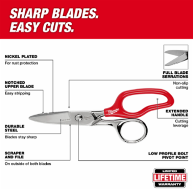Electrician Scissors, Extended Handle, Micro-serrated Blades, 6.50 Inch Overall Length
