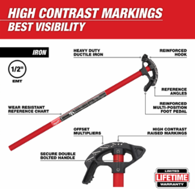 1/2 Inch EMT Iron Conduit Bender with High Contrast Markings, 6.13 Pounds