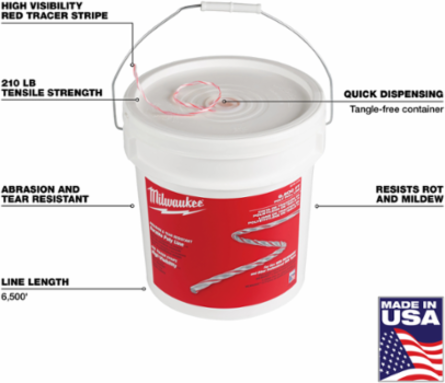 6500 ft Polypropylene Pull Line with 210 lb Tensile Strength and High Visibility Red Stripe