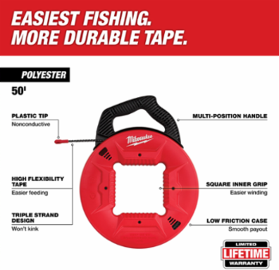 50 Ft Polyester Fish Tape with Non-Conductive Tip, Multi-Position Handle