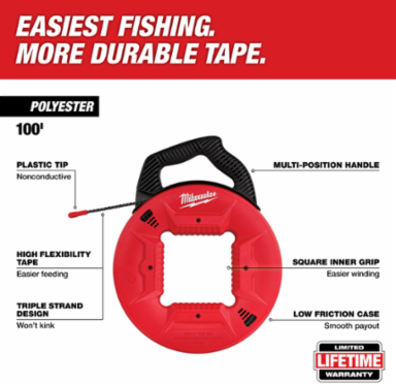100 Ft Polyester Fish Tape with Non-Conductive Tip, Multi-Position Handle