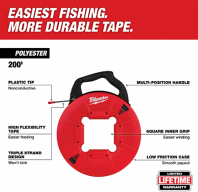 200 Ft Polyester Fish Tape, Non-Conductive Tip, High Flexibility