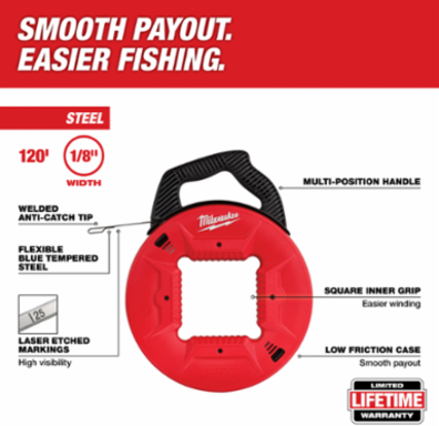 120 Ft Steel Fish Tape, 1/8 Inch Width, Anti-Catch Tip, Square Grip