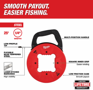 25 Ft Steel Fish Tape, 1/4 Inch Width, Low Profile Tip, Ergonomic Handle