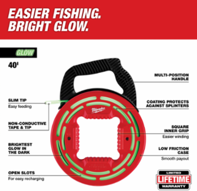 40 Foot Glow Fish Tape, Nonconductive, Multi-Grip Handle