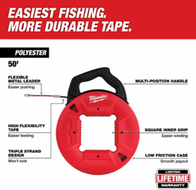 50 Ft Polyester Fish Tape with Flexible Metal Leader, Triple Strand Design