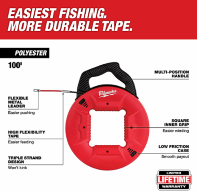 100 Ft Polyester Fish Tape with Flexible Metal Leader, Multi-Position Handle