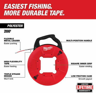 200 Ft Polyester Fish Tape with Flexible Metal Leader, Triple Strand Design