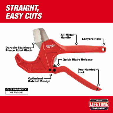 2-3/8 Inch Ratcheting Pipe Cutter, Durable Stainless Steel Blade, 1.35 Pounds