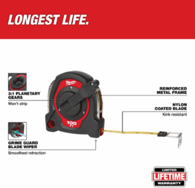 100 Ft Closed Reel Long Tape with Steel Blade, Grime Guard, 3:1 Gear Ratio