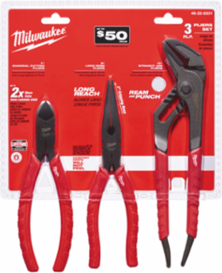 3-Piece Pliers Kit - 10 Inch Ream & Punch, 8 Inch Long Nose, 7 Inch Diagonal Cutting Pliers