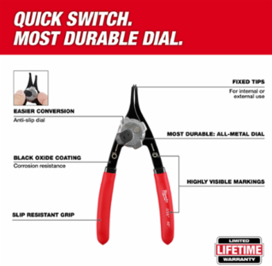 Convertible Snap Ring Pliers, 0.047 Inch Tip Diameter, 18° Angle, 6.05 Inch Length
