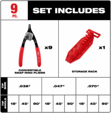 9PC Convertible Snap Ring Pliers Set, 0.070 Inch Tip Diameter, 15 Inch Length